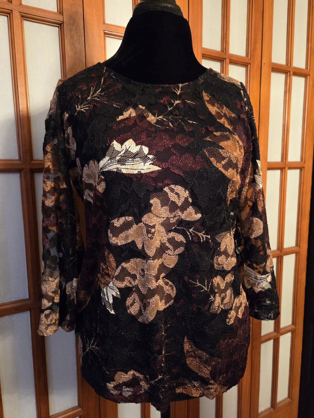 Womens VintageY2K Black & Brown Floral Lace Lined Overlay L Top By White Stag